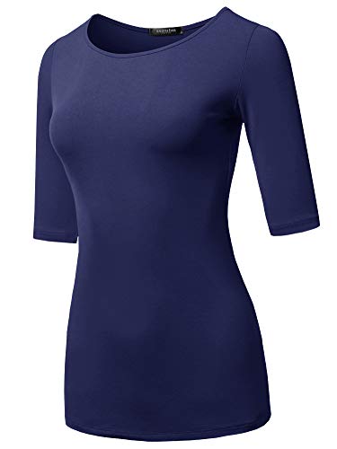 SSOULM Damen Basic Stretch 1/2 Ärmel Rundhalsausschnitt Slim Fit T-Shirt Top mit Übergröße, STT017_navy, Klein von SSOULM