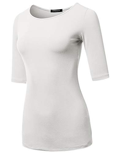 SSOULM Damen Basic Stretch 1/2 Ärmel Rundhalsausschnitt Slim Fit T-Shirt Top mit Übergröße, Stt017_ivory, 1X von SSOULM