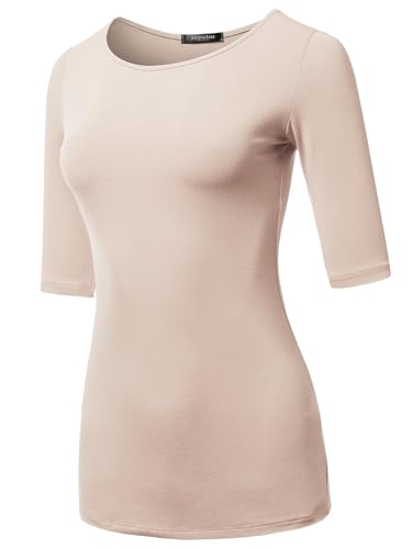 SSOULM Damen Basic Stretch 1/2 Ärmel Rundhalsausschnitt Slim Fit T-Shirt Top mit Übergröße, Stt017_pearl, X-Groß von SSOULM