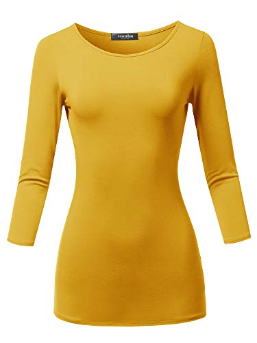 SSOULM Damen Casual 3/4 Arm Stretch Slim Fit Basic T-Shirt Top Senf 1XL von SSOULM