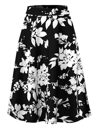 SSOULM Damen High Waist Flare A-Linie Midi Rock mit Übergröße, Ssk004_flowerblack, XX-Large von SSOULM