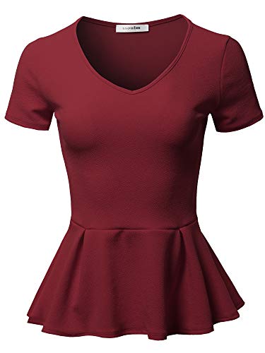 SSOULM Damen Klassische Stretchy Kurzarm Flare Schößchen Bluse Top mit Übergröße - Rot - Groß von SSOULM