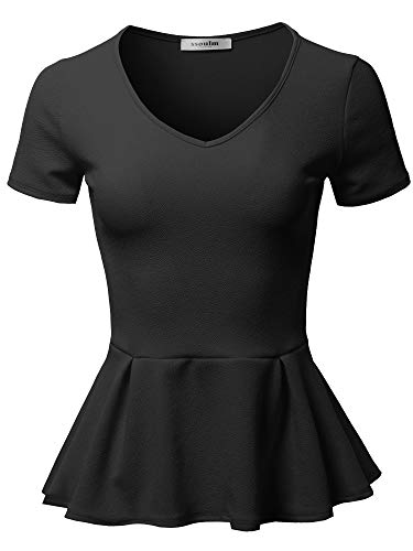 SSOULM Damen Klassische Stretchy Kurzarm Flare Schößchen Bluse Top mit Übergröße - Schwarz - Mittel von SSOULM