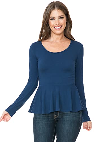 SSOULM Damen Langarm Stretchy Knit Rüschen Saum Schößchen Bluse Top mit Übergröße, Stt026_denimblue, 3X-Groß von SSOULM