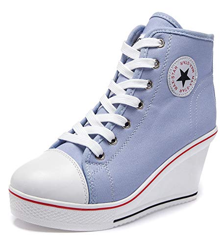 Damen Canvas Schuhe Modisch Keilabsatz 8CM Segeltuchschuhe,Mode Mädchen Turnschuhe Schnürschuhe Reißverschlussschuhe Sneaker für Sport Freizeit Größe 35-43 (Blau, Numeric_41) von SSRSH