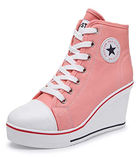 Damen Canvas Schuhe Modisch Keilabsatz 8CM Segeltuchschuhe,Mode Mädchen Turnschuhe Schnürschuhe Reißverschlussschuhe Sneaker für Sport Freizeit Größe 35-43 (Pink, Numeric_36) von SSRSH