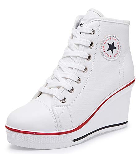 Damen Canvas Schuhe Modisch Keilabsatz 8CM Segeltuchschuhe,Mode Mädchen Turnschuhe Schnürschuhe Reißverschlussschuhe Sneaker für Sport Freizeit Größe 35-43 (Weiß, Numeric_36) von SSRSH