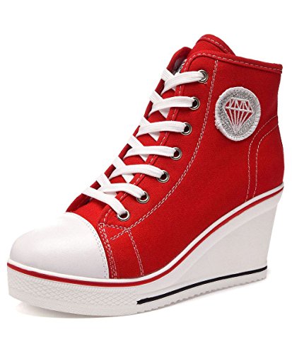 SSRSH Damen Canvas Plateau Wedge Sneakers mit Mode Mädchen Turnschuhe Schnürschuhe Wedge Sportschuhe 8cm Keilabsatz Größe 35-43 (Rot, Numeric_37) von SSRSH