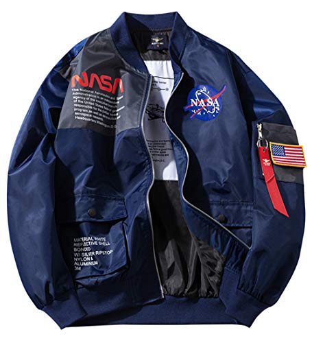 SSRSH Jacke Herren NASA MA-1 Militär Bomberjacke Langarm Frühling-Sommer Mantel Regenjacke Windbreaker Coole Jacke Streetwear mit Reißverschluss Fliegerjacke (Large, Blau) von SSRSH