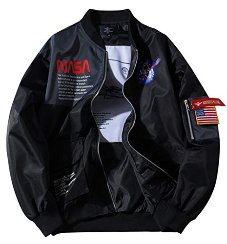 SSRSH Jacke Herren NASA MA-1 Militär Bomberjacke Langarm Frühling-Sommer Mantel Regenjacke Windbreaker Coole Jacke Streetwear mit Reißverschluss Fliegerjacke (Large, Schwarz) von SSRSH