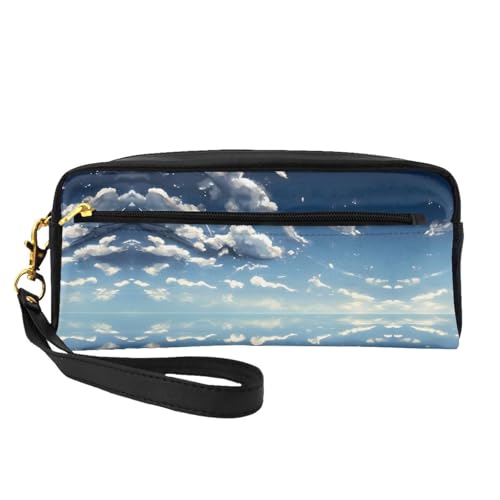 SSYGHT Blauer Himmel und weiße Wolken Druck Leder kleine Make-up-Tasche - Reise-Kulturbeutel für Frauen, wiederverwendbare Kosmetiktasche mit Reißverschluss, Schwarz, Einheitsgröße, Schwarz, One Size von SSYGHT