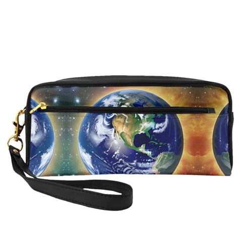 SSYGHT Cosmic Earth Print Leder Kleine Make-up-Tasche - Reise-Kulturbeutel für Frauen, wiederverwendbare Kosmetiktasche mit Reißverschluss, Schwarz, Einheitsgröße, Schwarz, One Size von SSYGHT