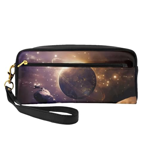 SSYGHT Cosmic Shining Planet Print Leder Kleine Make-up-Tasche - Reise-Kulturbeutel für Frauen, wiederverwendbare Kosmetiktasche mit Reißverschluss, Schwarz, Einheitsgröße, Schwarz, One Size von SSYGHT