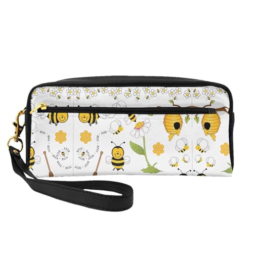 SSYGHT Flying Bees Daisy Honey Print Leder Kleine Make-up-Tasche - Reise-Kulturbeutel für Frauen, wiederverwendbare Kosmetiktasche mit Reißverschluss, Schwarz, Einheitsgröße, Schwarz, One Size von SSYGHT