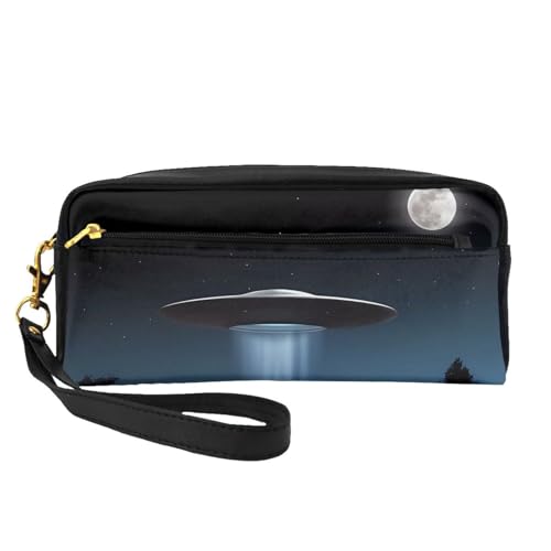 SSYGHT Kleine Make-up-Tasche aus Leder, Motiv: Raumschiff bei Nacht, Reise-Kulturbeutel für Damen, wiederverwendbare Kosmetiktasche mit Reißverschluss, Schwarz, Einheitsgröße von SSYGHT