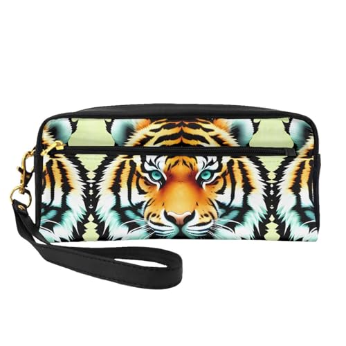 SSYGHT Kleine Make-up-Tasche aus Leder, Motiv: kleiner dicker Tigerkopf, Reise-Kulturbeutel für Damen, wiederverwendbare Kosmetiktasche mit Reißverschluss, Schwarz, Einheitsgröße von SSYGHT