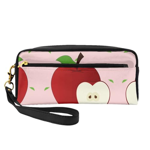 SSYGHT Kleine Make-up-Tasche aus Leder mit Cartoon-Motiv und rotem Apfelmuster, Reise-Kulturbeutel für Damen, wiederverwendbare Kosmetiktasche mit Reißverschluss, Schwarz, Einheitsgröße, Schwarz, One von SSYGHT