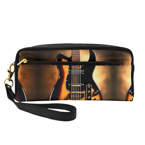 SSYGHT Kleine Make-up-Tasche aus Leder mit Instrumentalgitarre – Reise-Kulturbeutel für Frauen, wiederverwendbare Kosmetiktasche mit Reißverschluss, Schwarz, Einheitsgröße, Schwarz, One Size von SSYGHT