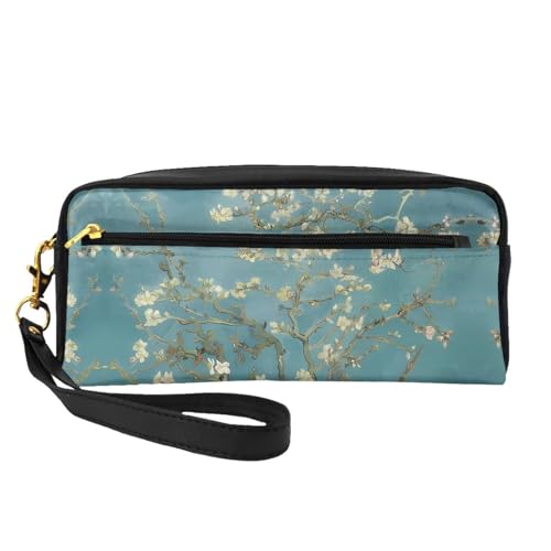 SSYGHT Kleine Make-up-Tasche aus Leder mit Mandelblüten-Druck, Reise-Kulturbeutel für Damen, wiederverwendbare Kosmetiktasche mit Reißverschluss, Schwarz, Einheitsgröße von SSYGHT