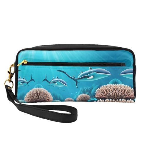 SSYGHT Kleine Make-up-Tasche aus Leder mit Tiefsee-Wal-Motiv, Reise-Kulturbeutel für Damen, wiederverwendbare Kosmetiktasche mit Reißverschluss, Schwarz, Einheitsgröße von SSYGHT