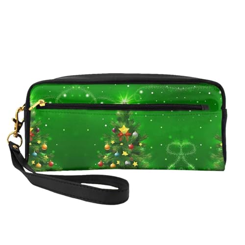SSYGHT Kleine Make-up-Tasche aus Leder mit Weihnachtsbäumen-Motiv, Reise-Kulturbeutel für Damen, wiederverwendbare Kosmetiktasche mit Reißverschluss, Schwarz, Einheitsgröße, Schwarz, One Size von SSYGHT