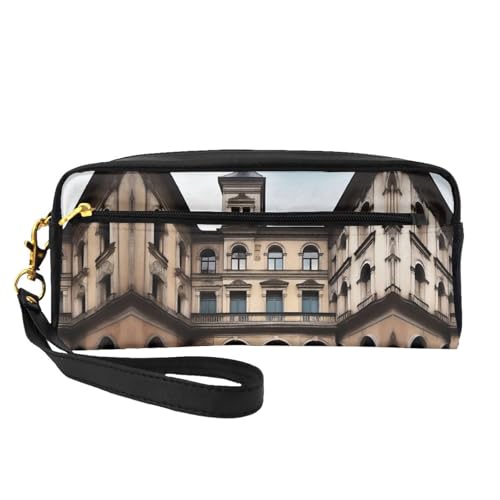 SSYGHT Kleine Make-up-Tasche aus Leder mit alter Architektur, Reise-Kulturbeutel für Damen, wiederverwendbare Kosmetiktasche mit Reißverschluss, Schwarz, Einheitsgröße, Schwarz, One Size von SSYGHT