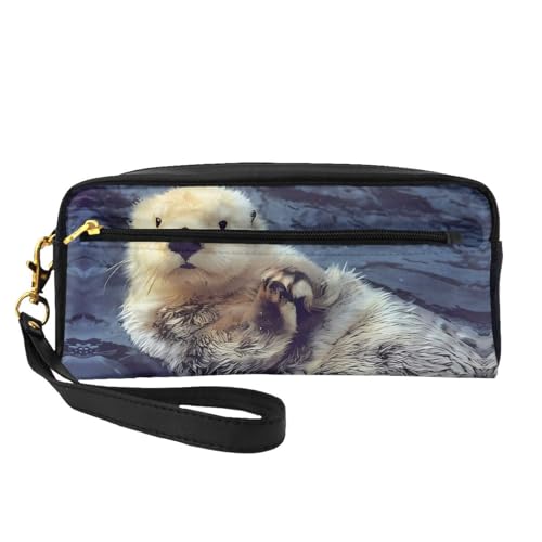 SSYGHT Kleine Make-up-Tasche aus Leder mit weißem Otter-Druck, Reise-Kulturbeutel für Damen, wiederverwendbare Kosmetiktasche mit Reißverschluss, Schwarz, Einheitsgröße, Schwarz, One Size von SSYGHT
