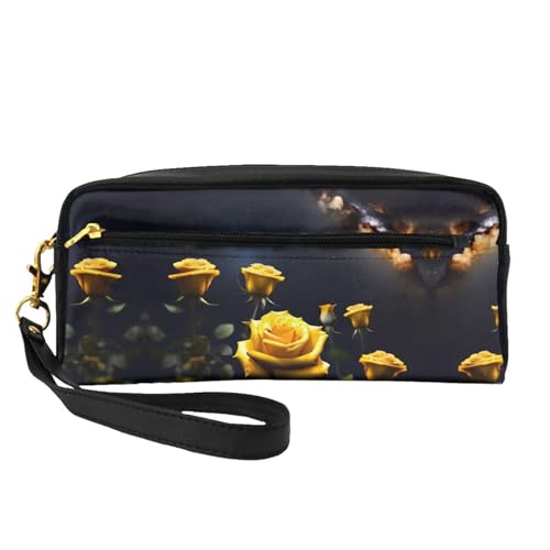 SSYGHT Schöne kleine Make-up-Tasche aus Leder mit gelben Rosen – Reise-Kulturbeutel für Damen, wiederverwendbare Kosmetiktasche mit Reißverschluss, schwarz, Einheitsgröße, Schwarz, One Size von SSYGHT