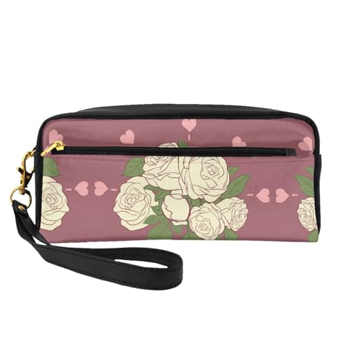SSYGHT Weiße Rose of Love Print Leder Kleine Make-up-Tasche - Reise-Kulturbeutel für Frauen, wiederverwendbare Kosmetiktasche mit Reißverschluss, Schwarz, Einheitsgröße, Schwarz, One Size von SSYGHT