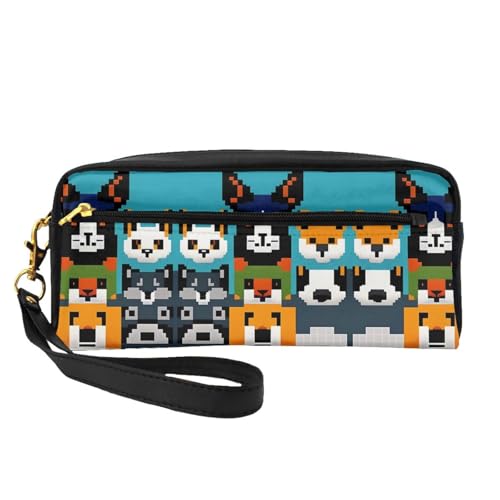 SSYGHT pixel art kleine Make-up-Tasche aus Leder mit Tiergesichtern, Reise-Kulturbeutel für Frauen, wiederverwendbare Kosmetiktasche mit Reißverschluss, Schwarz, Einheitsgröße, Schwarz, One Size von SSYGHT