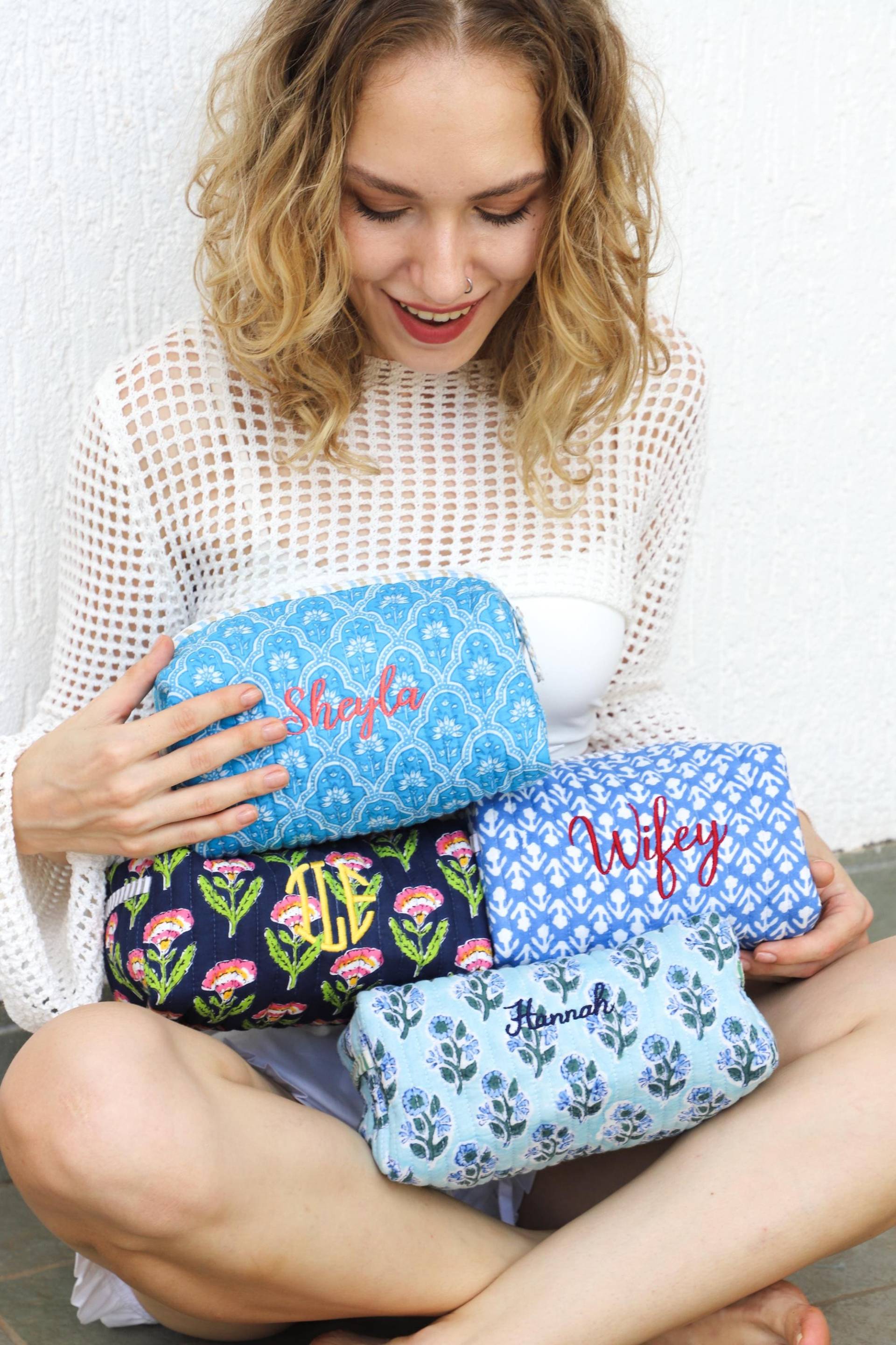 Personalisierte Make-Up Tasche Block Print Kosmetiktasche Gesteppte Kulturtasche Mit Namen von SSweddings