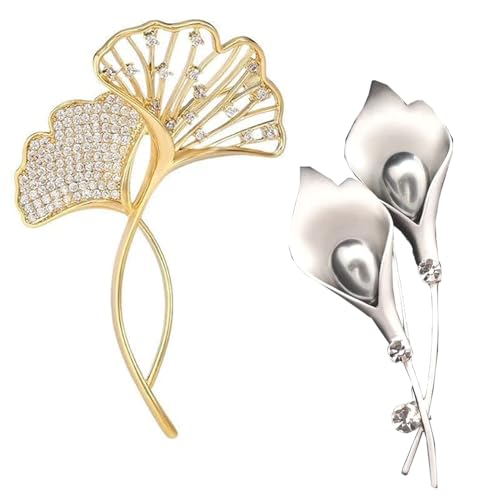 SSyang 2 Stück Perle Bogen Broschen Damen Brosche, Ginkgo-Blatt-Brosche,Anstecknadeln Bogen infacher Perlen Pin Broschen,Legierung eingelegte künstliche Brosche Schmuck,für Frauen kreativ(Gold&Silber) von SSyang