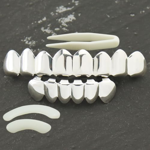 Silbern Zähne Hip Hop,1 Set Silbern Hip Hop Zähne,Zähne Grills Silbrigzähne,Hip-hop Zähne,Zahnspangen Top Und Bottom Grill Cap,für Männer Und Frauen Tanz,Party,Halloween,Bühne von SSyang