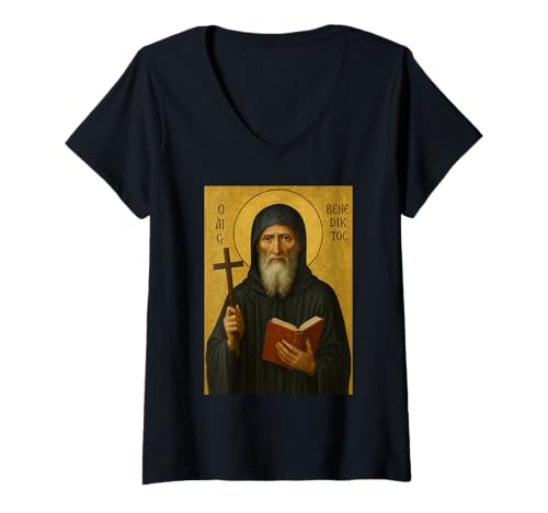Damen St. Benedict Icon - Katholisches St. Benedikt T-Shirt mit V-Ausschnitt Damen St. Benedict Icon - Katholisches St. Benedikt T-Shirt mit V-Ausschnitt von ST Benedict Cross & Co.