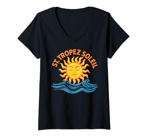Damen ST. Tropez Soleil X France Sun Vacation Club Urlaubs T-Shirt mit V-Ausschnitt Damen ST. Tropez Soleil X France Sun Vacation Club Urlaubs T-Shirt mit V-Ausschnitt von ST. TROPEZ SOLEIL - Frankreich Südfrankreich Sonne
