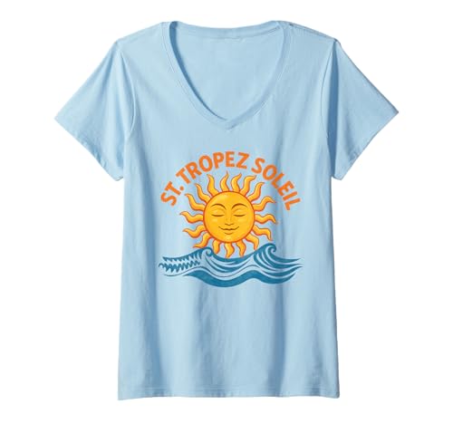 Damen ST. Tropez Soleil X France Sun Vacation Club Urlaubs T-Shirt mit V-Ausschnitt Damen ST. Tropez Soleil X France Sun Vacation Club Urlaubs T-Shirt mit V-Ausschnitt von ST. TROPEZ SOLEIL - Frankreich Südfrankreich Sonne