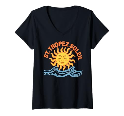 Damen ST. Tropez Soleil X France Sun Vacation Club Urlaubs T-Shirt mit V-Ausschnitt von ST. TROPEZ SOLEIL. Frankreich Südfrankreich Sonne