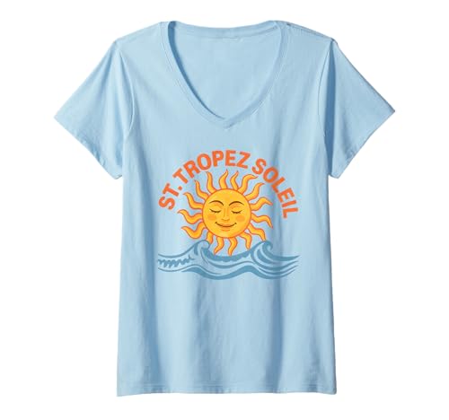 Damen ST. Tropez Soleil X France Sun Vacation Club Urlaubs T-Shirt mit V-Ausschnitt Damen ST. Tropez Soleil X France Sun Vacation Club Urlaubs T-Shirt mit V-Ausschnitt von ST. TROPEZ SOLEIL. Frankreich Südfrankreich Sonne