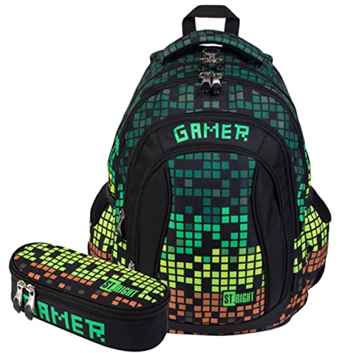 ST.RIGHT Schulrucksack Set Pixel, Rucksack & Mäppchen Jungen, 2-teilig groß ergonomisch von ST.RIGHT