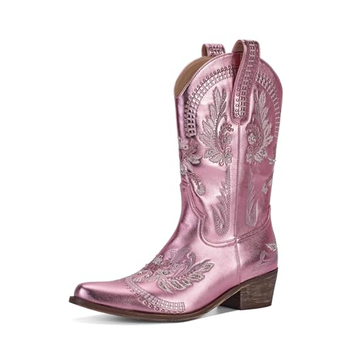 STALOV Cowgirl-Stiefel, genähte Stiefeletten für Damen, spitzer Zehenbereich, niedriger klobiger Absatz, bestickt, Western-Cowboystiefel, Rosa und Strass, 38 EU von STALOV