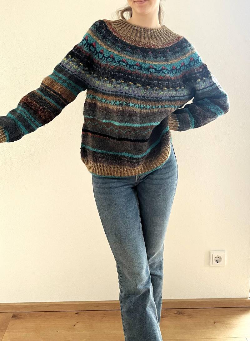 Gestrickter Pullover Mit Rundpasse Wolle Gr. L Norweger Fair Isle von STALP2