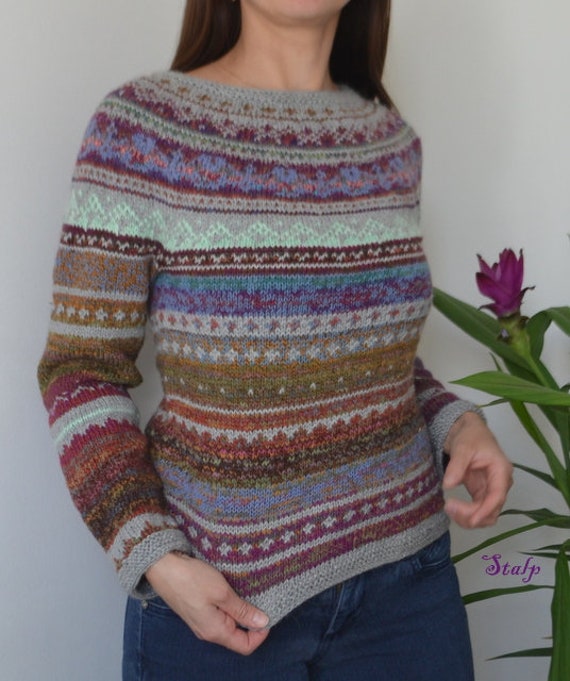 Gestrickter Pullover Mit Rundpasse Wolle Gr. S Norweger Fair Isle von STALP2