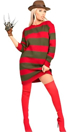 Damen Horror Freddy Krueger Style Halloween Rot Grün Streifen Strickpullover Kleid Top, Freddy Krueger, 38-40 von STAR FASHION