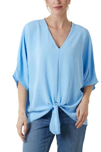 STAR FASHION Bluse mit Bindesaum, V-Ausschnitt, kurzärmelig, Oberteil für Damen, tiefer V-Ausschnitt, vorne zum Binden und Blusen für die Arbeit, Einheitsgröße 38-46, hellblau, Einheitsgröße von STAR FASHION