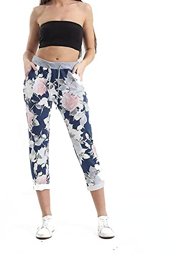 STAR FASHION Damen-Jogginghose, italienisch, elastischer Bund, für aktive Yoga, Blumenmuster, zum Umdrehen, lässig, Jogging-Hose, Größe 36-50, Blaue Blume, 46-48 von STAR FASHION