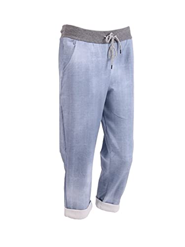 STAR FASHION Damen-Jogginghose, italienische elastische Taille, aktiv, Yoga, Blumenmuster, einfarbig, zum Umschlagen Gr. 42-44, Helles Denim mit Batikfärbung von STAR FASHION