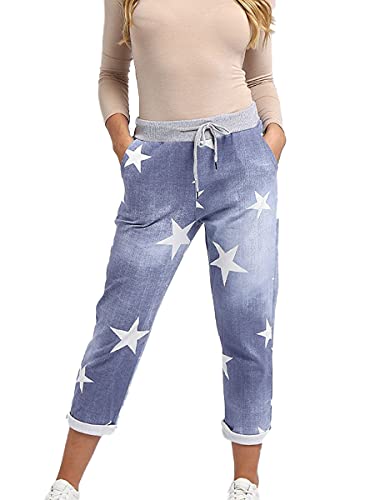 STAR FASHION Damen-Jogginghose, italienische elastische Taille, aktiv, Yoga, Blumenmuster, einfarbig, zum Umschlagen Gr. 46-48, Light Denim Blue Star von STAR FASHION