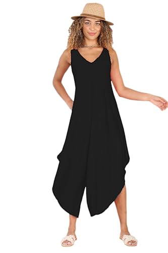 STAR FASHION Damen Jumpsuit Ärmellos Einfarbig V-Ausschnitt Lang und Leicht Bequem für Sommer Strand Party Causal Lagenlook Damen Weites Bein Flowy Strampler Overalls, Schwarz , 20-22 von STAR FASHION