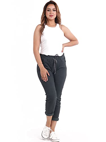 STAR FASHION Damen italienische Hose mit elastischem Bund, einfarbig, magische Hose, Armee-Tarnmuster, Damen, lässig, aktiv, Yoga, Jogger, Seitentaschen, Kordelzug, Taillengürtel, Hose EU 34-48 von STAR FASHION