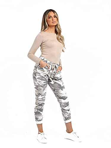 STAR FASHION Damen italienische Hose mit elastischem Bund, einfarbig, magische Hose, Armee-Tarnmuster, Damen, lässig, aktiv, Yoga, Jogger, Seitentaschen, Kordelzug, Taillengürtel, Hose EU 34-48 von STAR FASHION